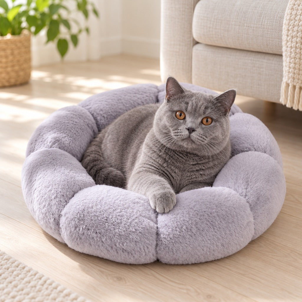 Chat British Shorthair bleu installé dans le panier corolle gris perle posé au sol dans un salon clair.