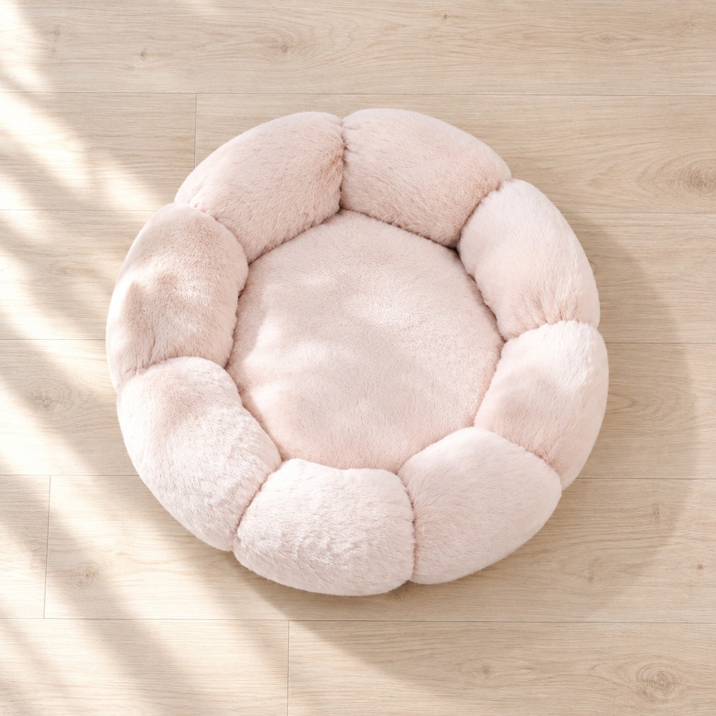 Panier corolle beige rose vu de dessus sur un parquet clair, la rosace dessinée par l'ouverture intérieure.