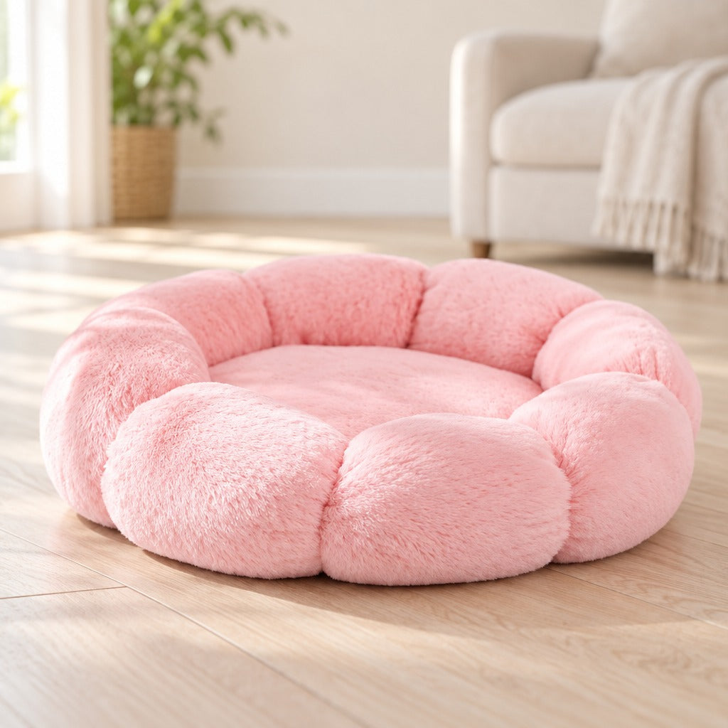 Panier corolle rose dragée seul sur un parquet clair, vu au ras du sol, le mur de lobes rembourrés à hauteur d'oeil.