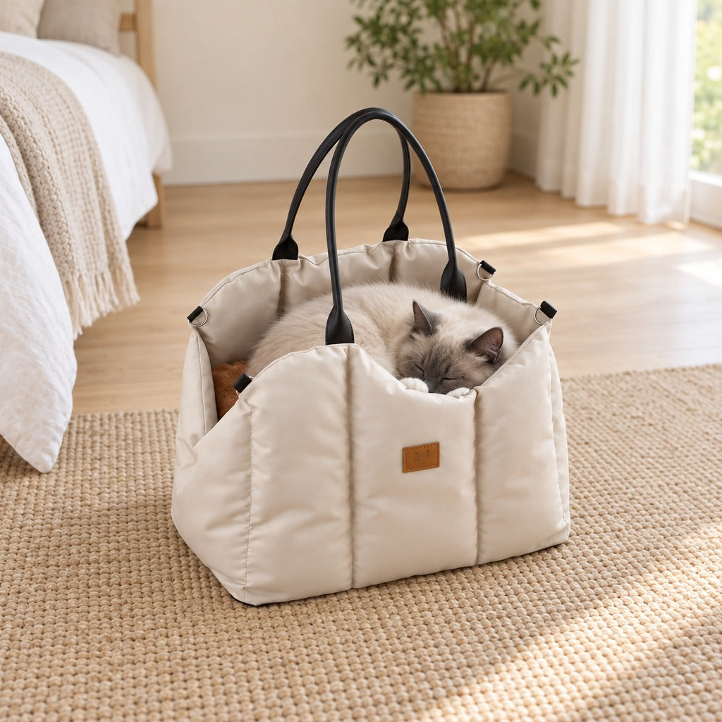 Chat sacré de Birmanie endormi en boule dans le sac de transport matelassé écru posé sur un tapis de chambre.