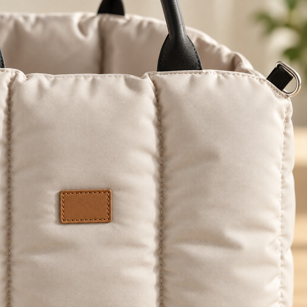 Gros plan sur le matelassage vertical du sac écru, son étiquette de cuir fauve et la base d'une anse noire.