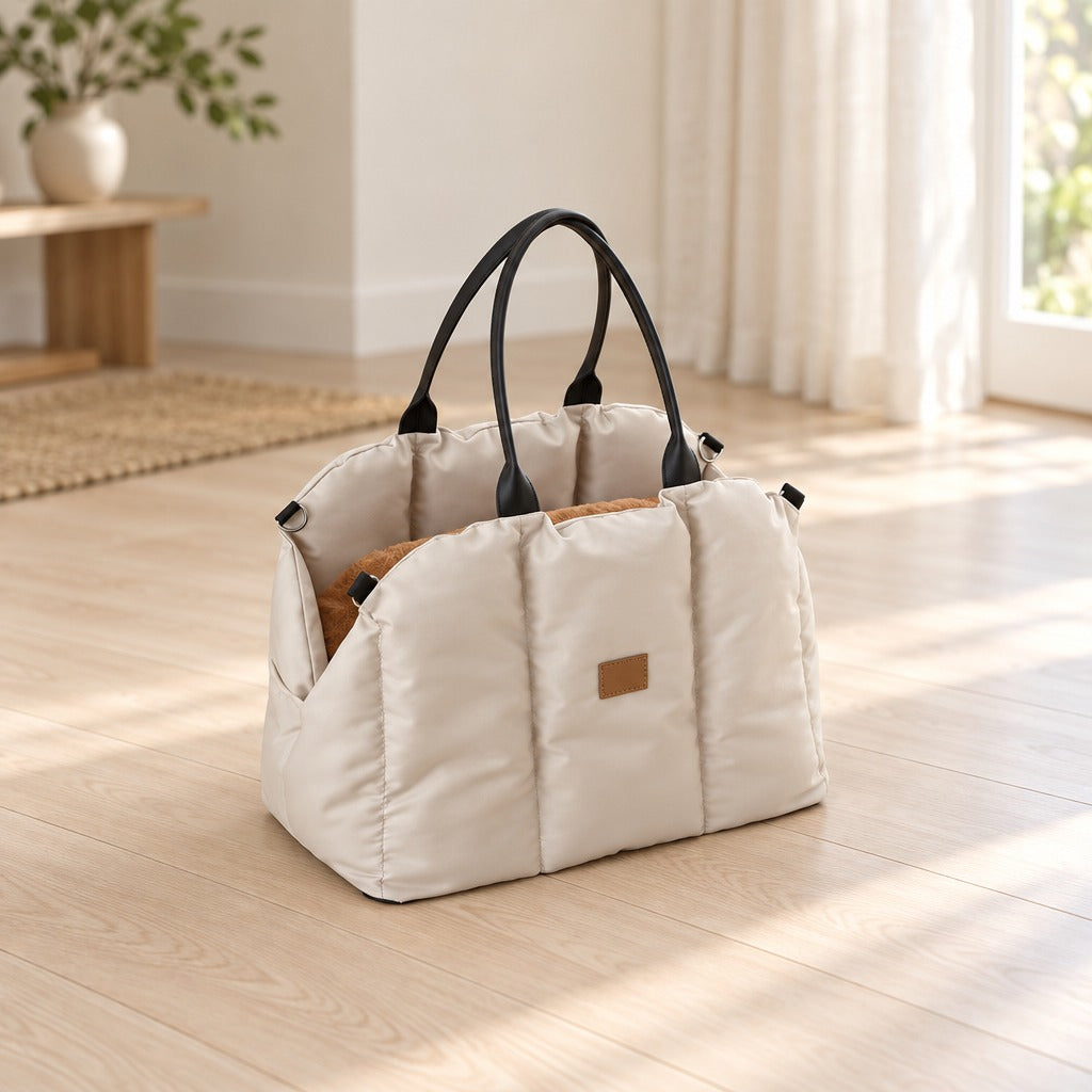 Sac de transport matelassé écru seul dans une entrée claire, le coussin caramel visible à l'intérieur.