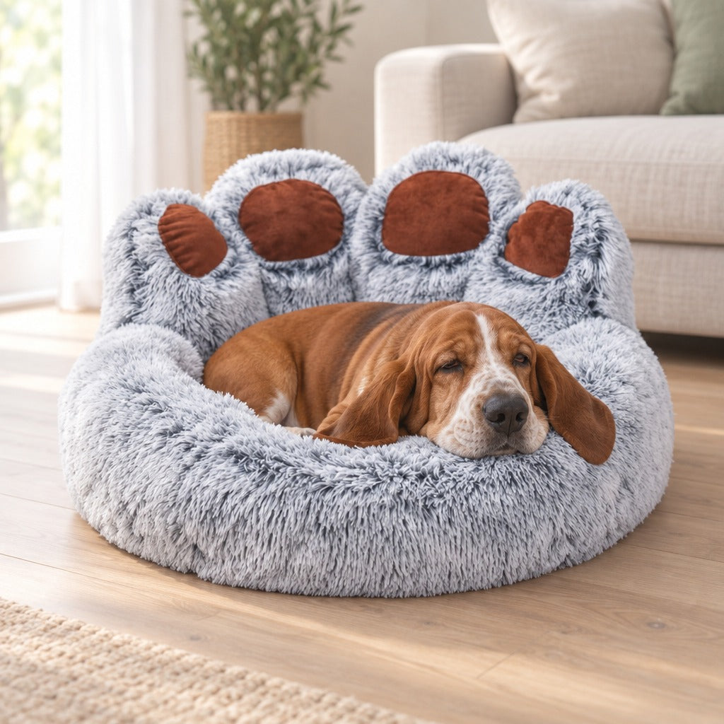 Basset hound fauve à demi endormi dans le couchage gris givré, le menton posé sur le rebord.