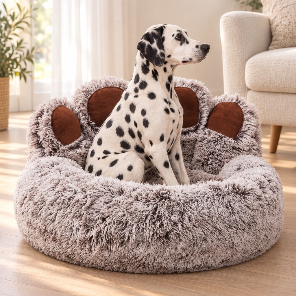 Dalmatien assis de profil dans le couchage taupe givré, le regard au loin.