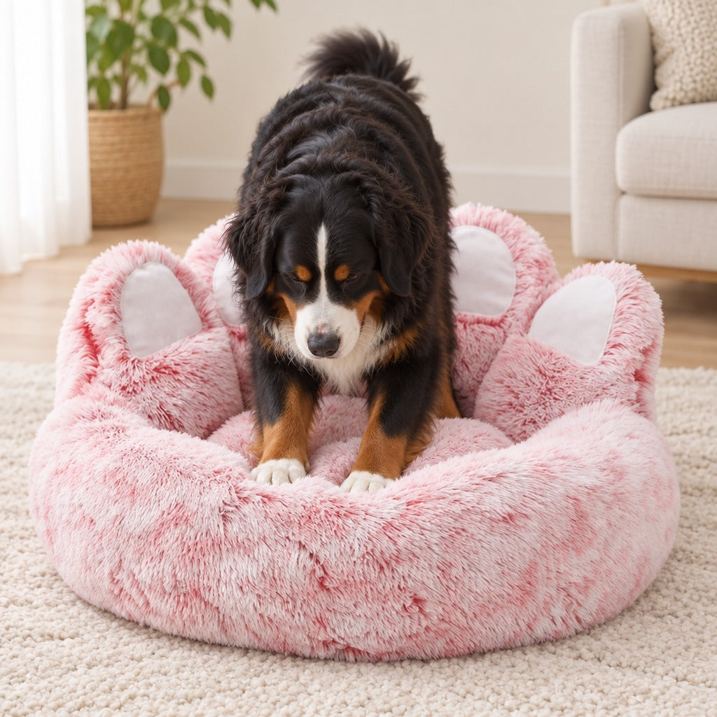 Bouvier bernois debout dans le couchage rose poudré, les pattes avant posées sur le rebord.