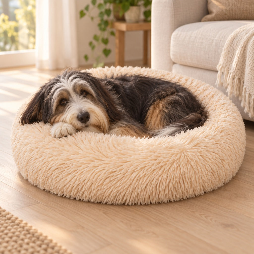 Un chien à poil long noir et blanc couché dans le panier rond crème abricot, le menton posé sur le bourrelet, dans un salon clair.