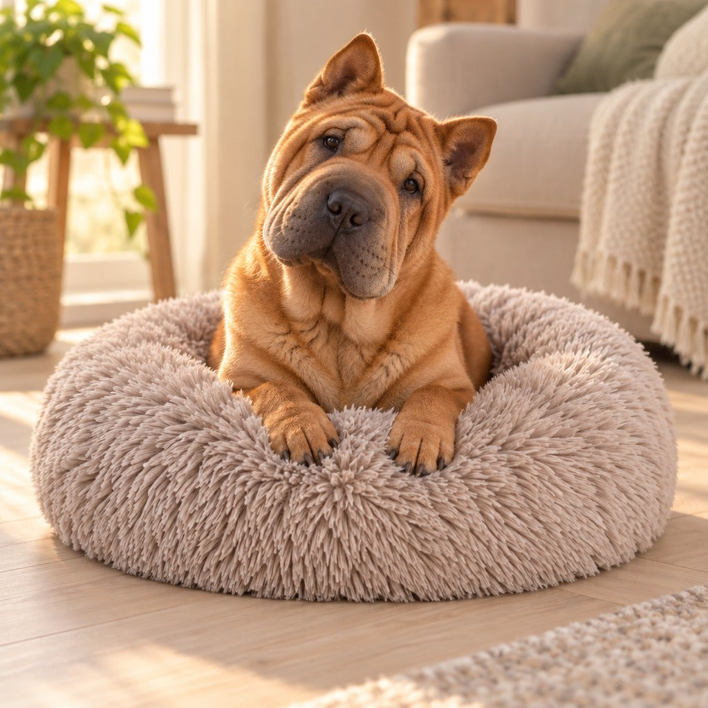Un shar pei fauve couché dans le panier rond taupe, les pattes avant posées sur le bourrelet, près d'un canapé clair.