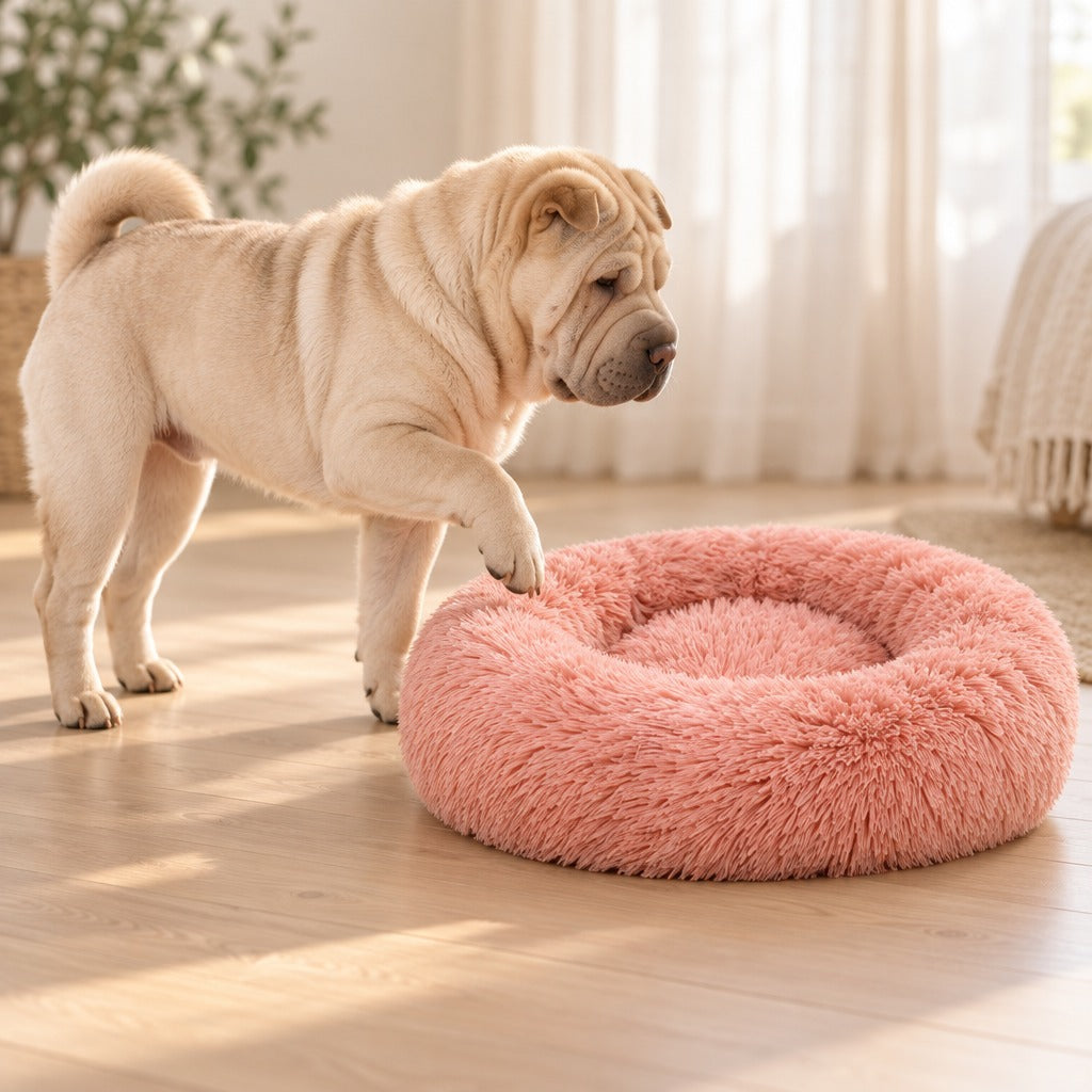 Un shar pei crème debout lève une patte avant au dessus du panier rond rose corail posé sur un parquet clair.