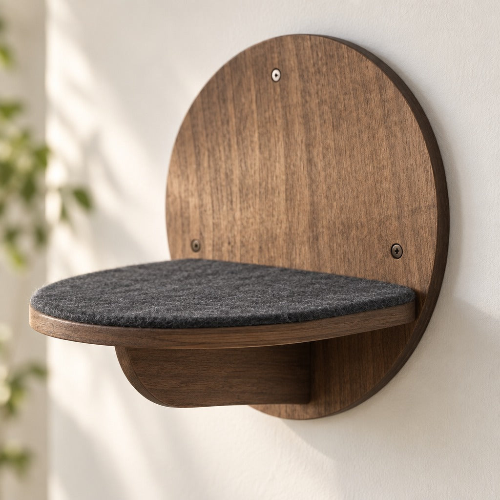Gros plan d'une marche : plateau rond en bois et feutrine gris anthracite