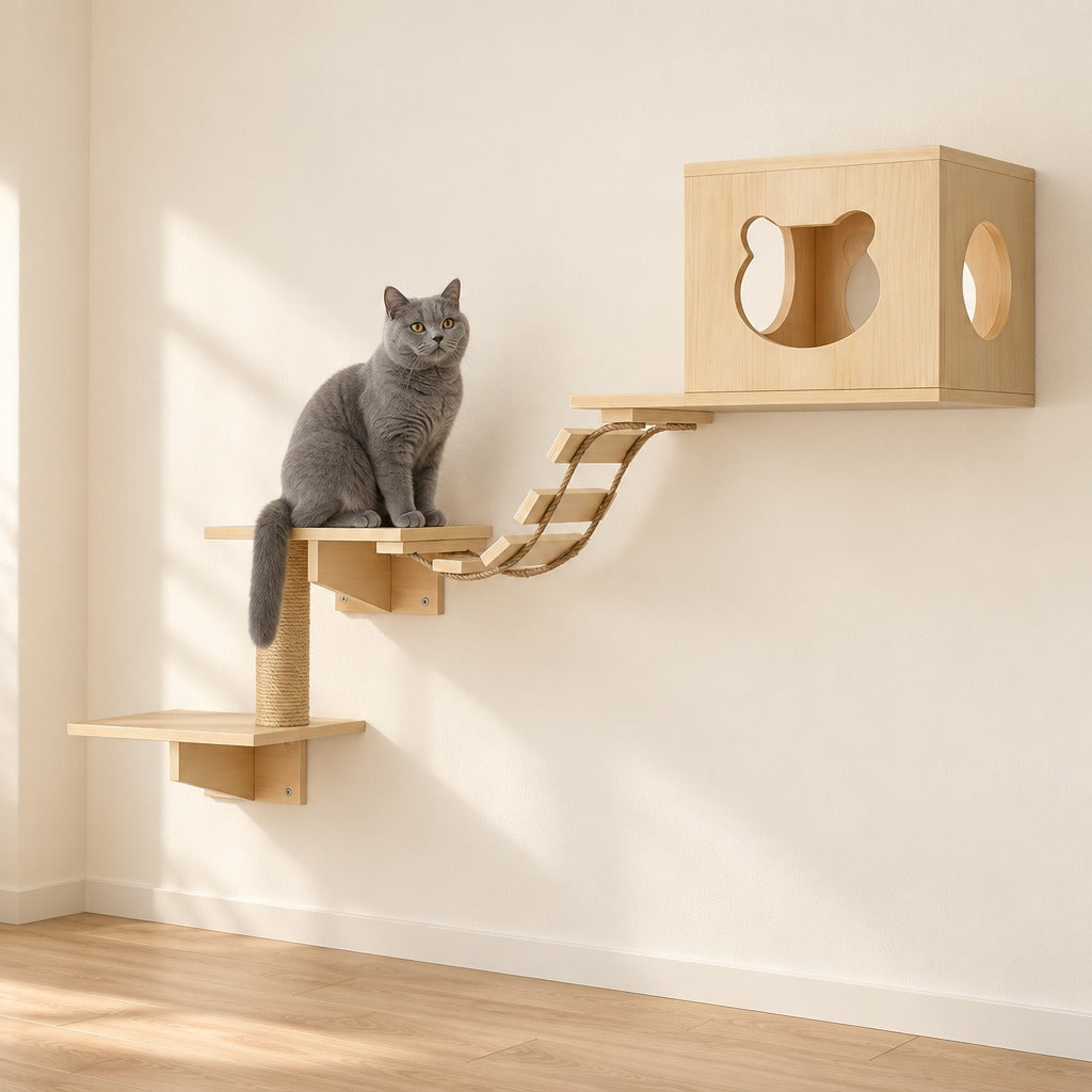 Un chat British Shorthair bleu assis bien droit sur la tablette du milieu du parcours mural en bois naturel, la queue le long du bord.