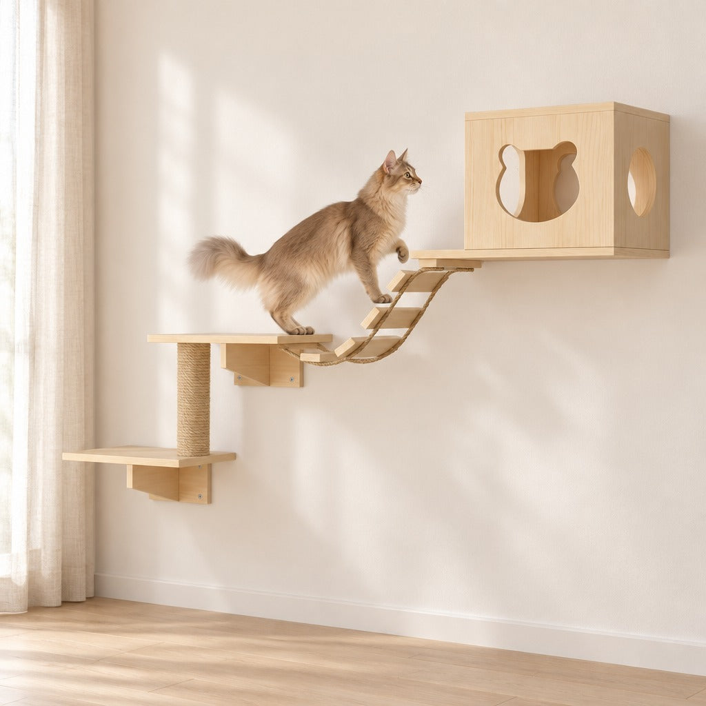 Un chat Somali crème avance sur l'échelle souple du parcours mural en bois naturel, dans un salon clair au sol dégagé.