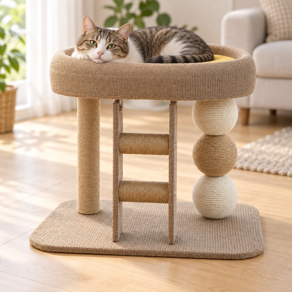 Le perchoir dans un salon clair, un chat couché dans le lit ovale sur son tapis jaune
