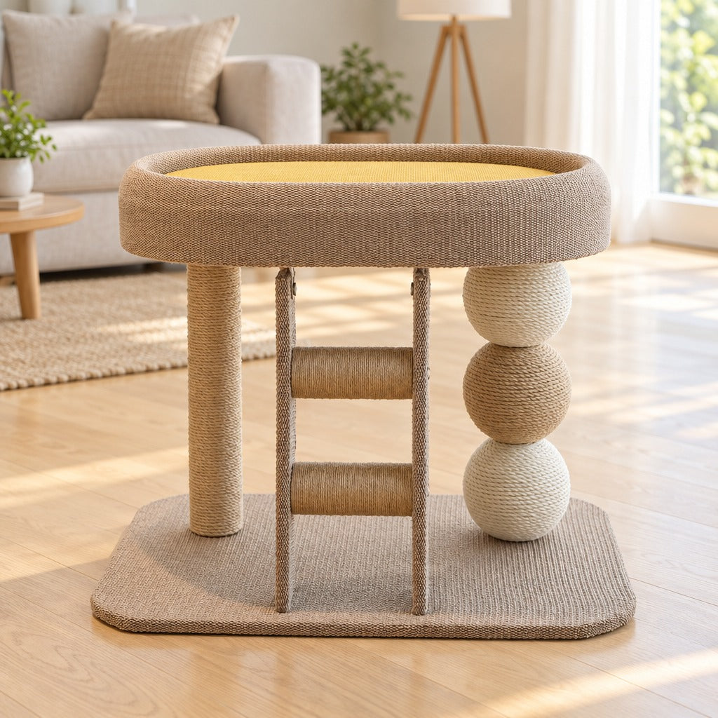 Le perchoir de 47 cm posé dans un salon, le tapis jaune visible au fond du lit