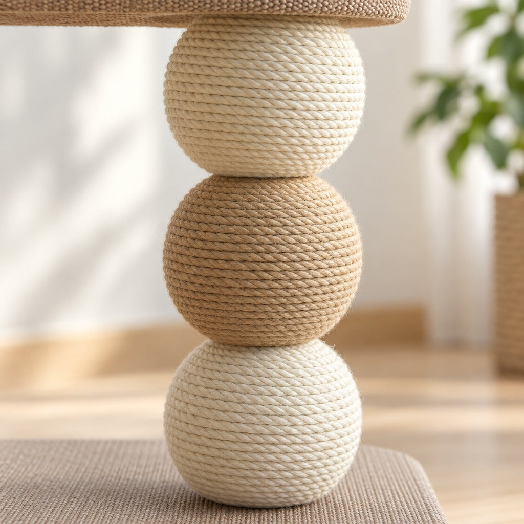 Gros plan sur la colonne de trois balles de corde, écrue, jute naturel, écrue