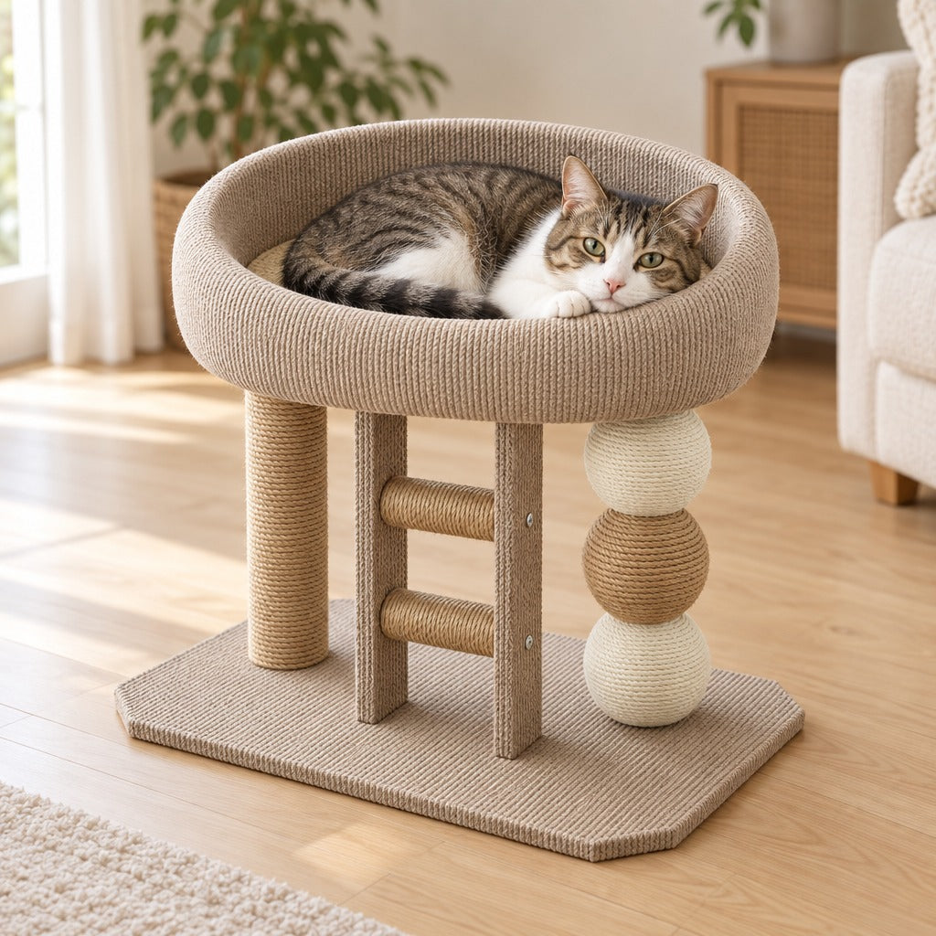 Le perchoir en coloris Naturel, un chat couché dans le lit ovale à fond de sisal écru