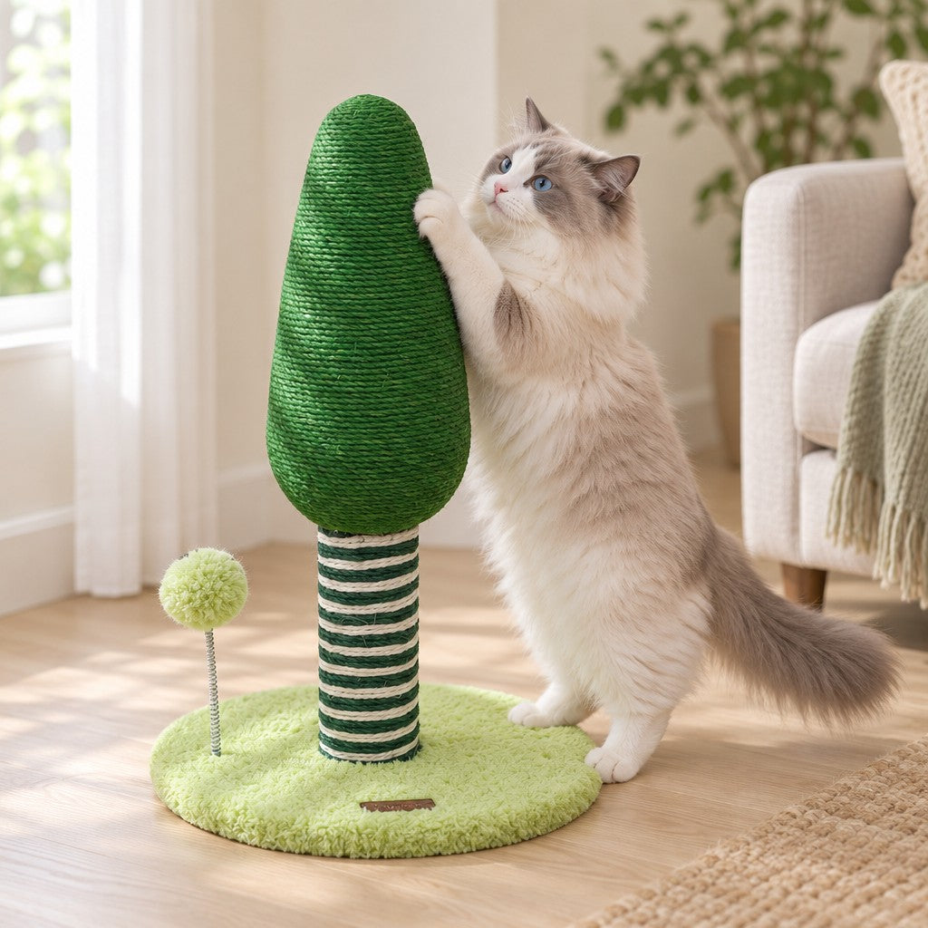 Un chat ragdoll dressé contre la couronne en sisal vert du pin, modèle Tronc rayé