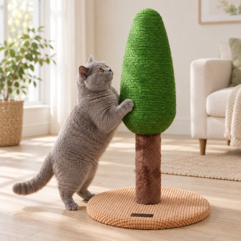 Un chat gris dressé contre le pin modèle Tronc brun, socle abricot