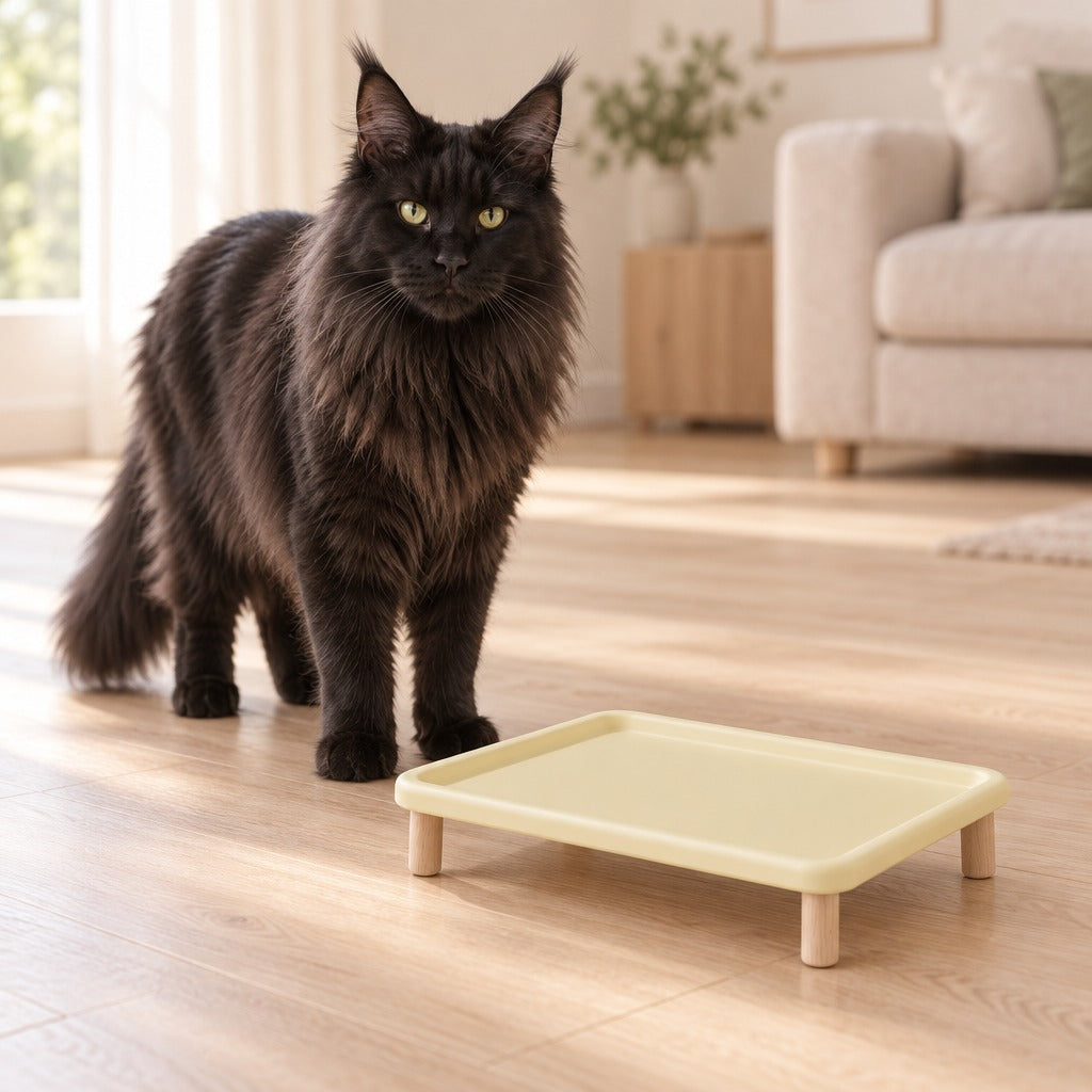 Un chat Maine Coon noir debout sur le parquet d'un salon clair, à côté du plateau repas surélevé jaune vanille posé sur ses quatre pieds en bois.