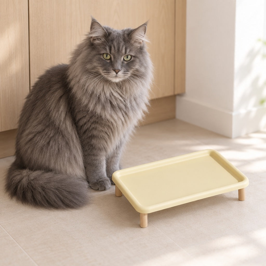 Un chat norvégien gris bleu assis contre le plateau repas surélevé jaune vanille dans un coin de cuisine, le champ plat du plateau vu de dessus.