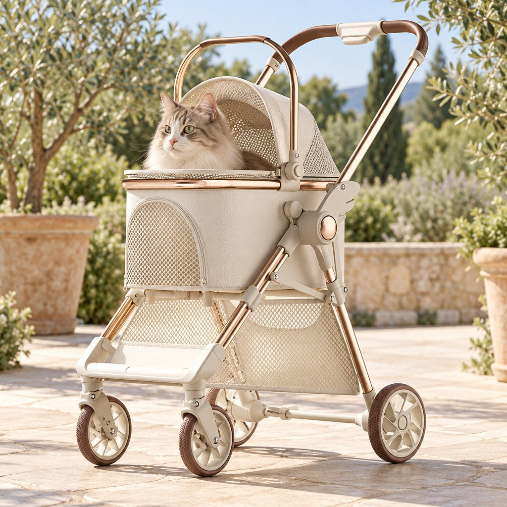 Un chat dans la nacelle de la poussette blanc cassé, châssis aluminium, en promenade
