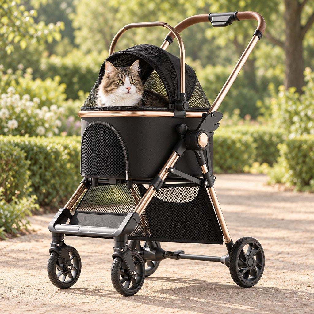 Un chat dans la nacelle de la poussette noire, châssis aluminium, en promenade