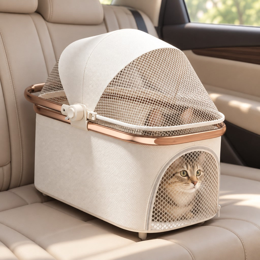 La nacelle seule posée sur la banquette d'une voiture, un chat tigré à l'intérieur