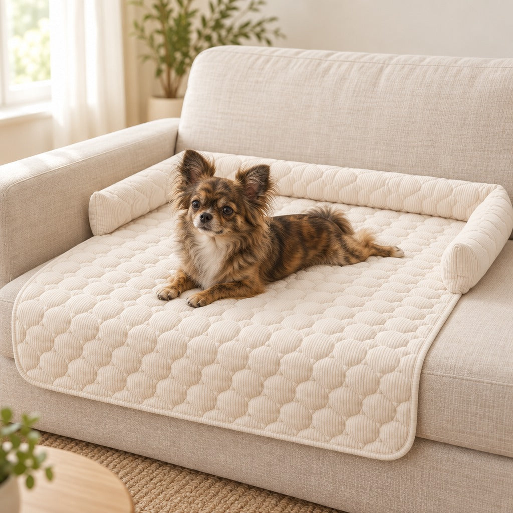 Un chihuahua à poil long bringé couché sur le protège assise ivoire installé sur l'assise d'un canapé clair, le bord avant retombant sur la façade.