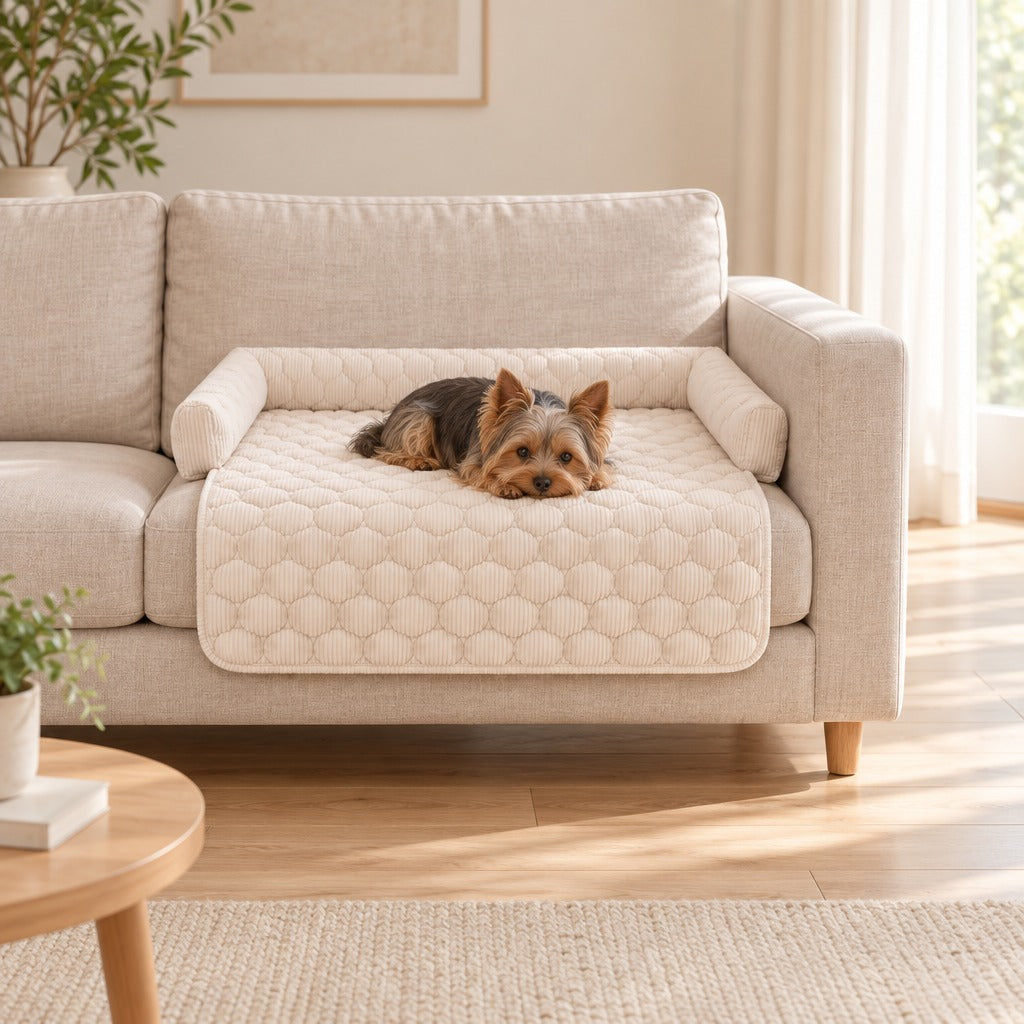 Un yorkshire couché le menton sur les pattes sur le protège assise ivoire, vu depuis le milieu d'un salon clair.