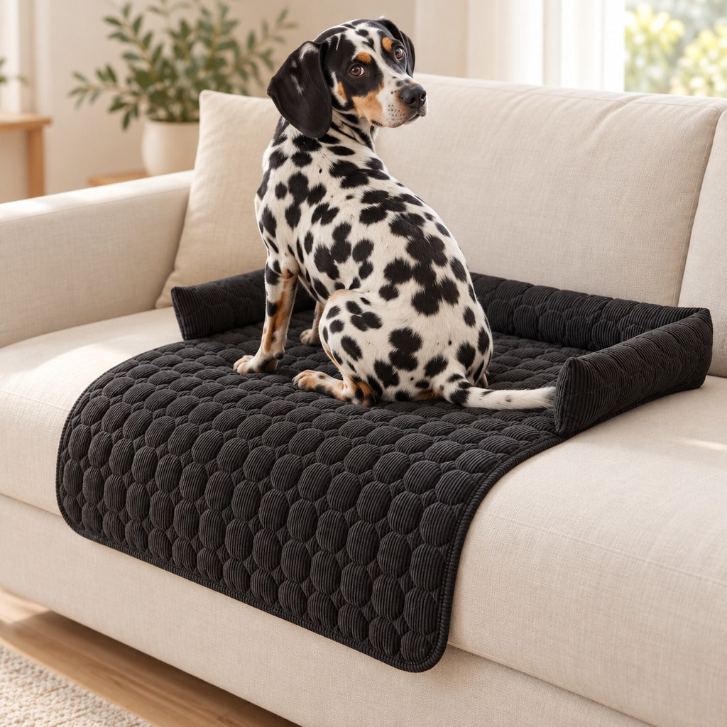 Un dalmatien assis de trois quarts dos sur le protège assise anthracite posé sur l'assise d'un canapé clair, la tête tournée vers l'objectif.