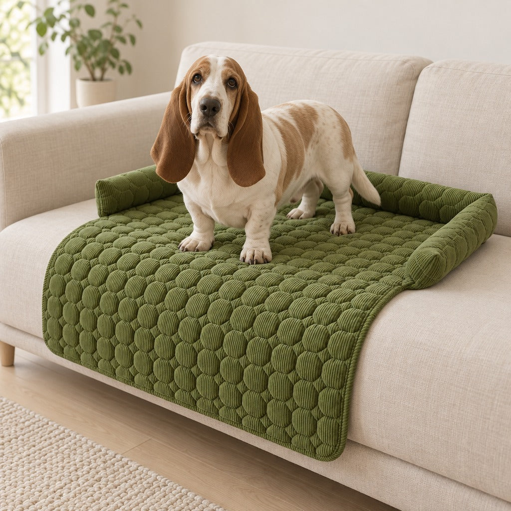 Un basset hound debout sur le protège assise vert olive installé sur l'assise d'un canapé clair.
