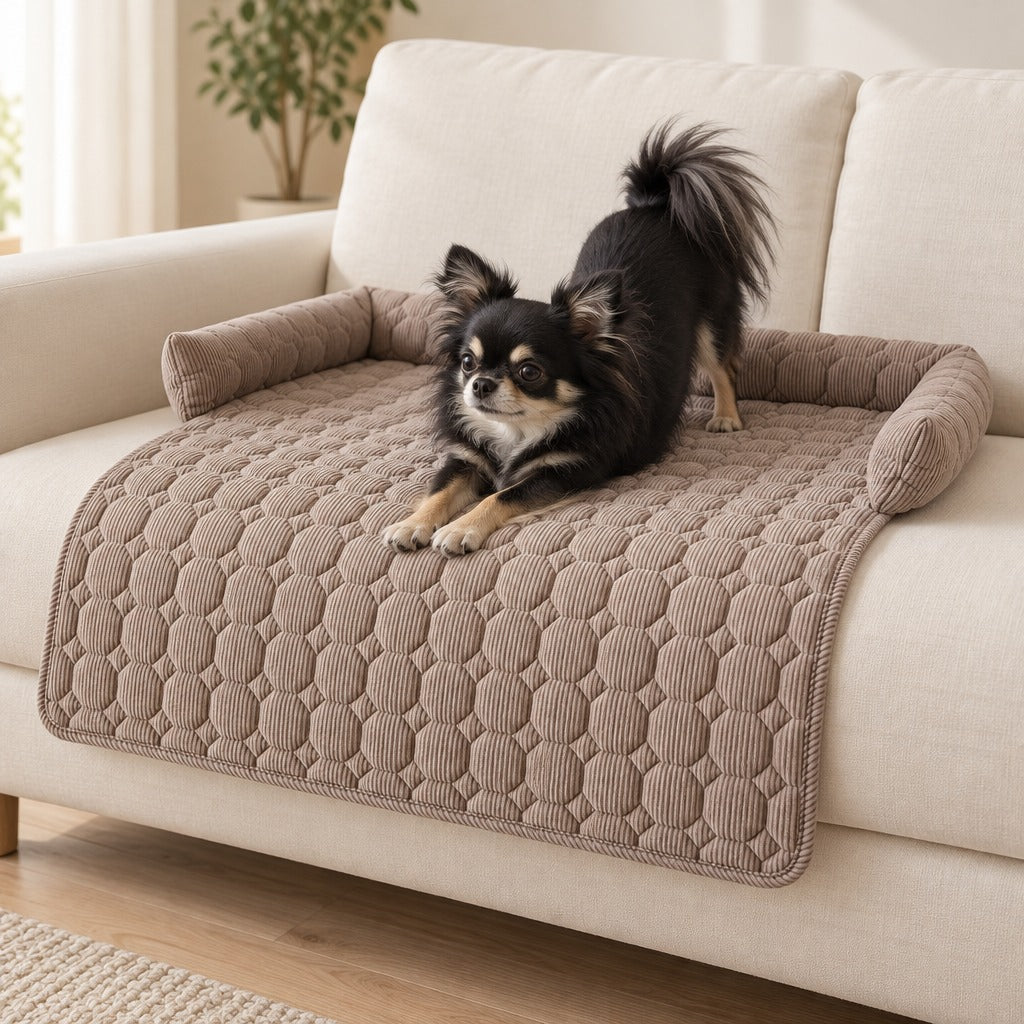 Un chihuahua à poil long noir étiré vers l'avant sur le protège assise taupe posé sur l'assise d'un canapé clair.