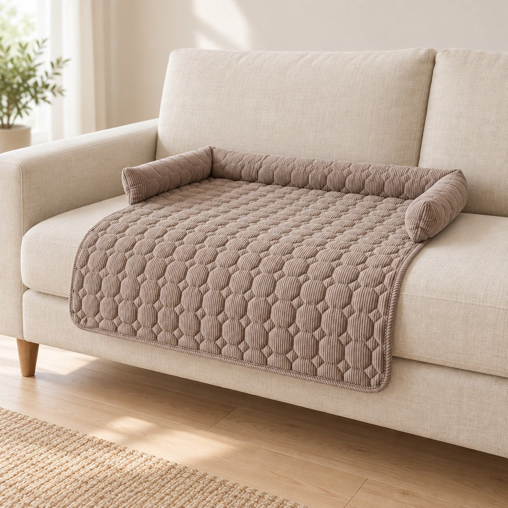 Le protège assise taupe seul sur l'assise d'un canapé clair, son bord avant libre cassé sur le nez du coussin.