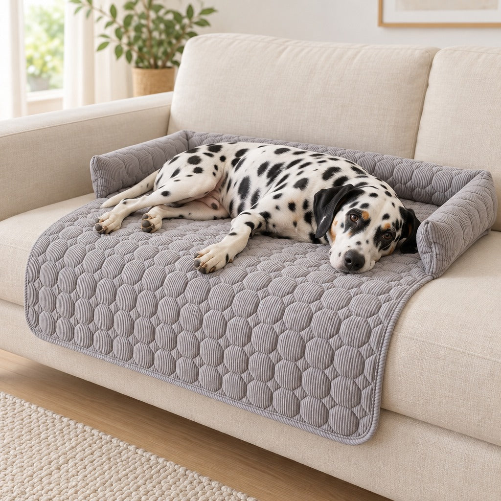 Un dalmatien couché sur le flanc sur le protège assise gris perle installé sur l'assise d'un canapé clair.