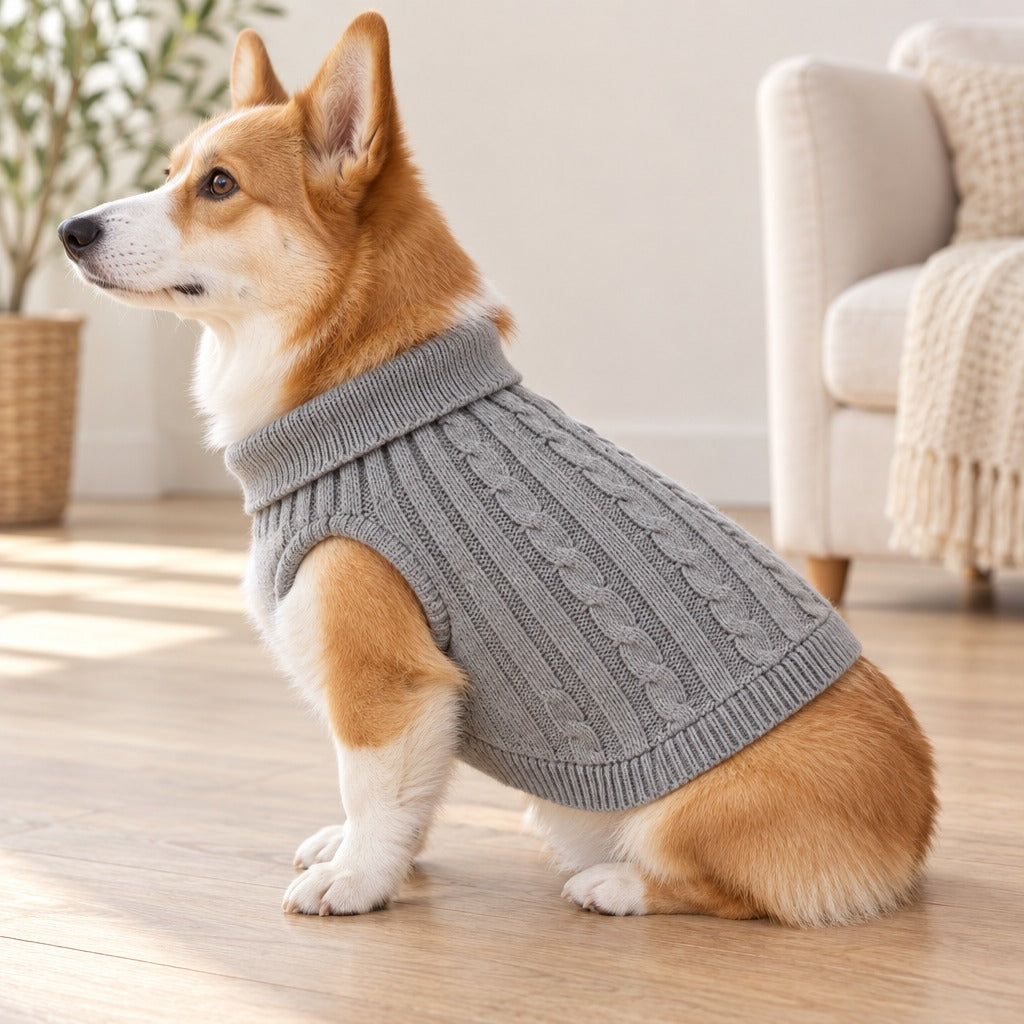 Corgi fauve assis de profil dans un salon clair, vêtu du pull en maille torsadée coloris Gris flanelle.