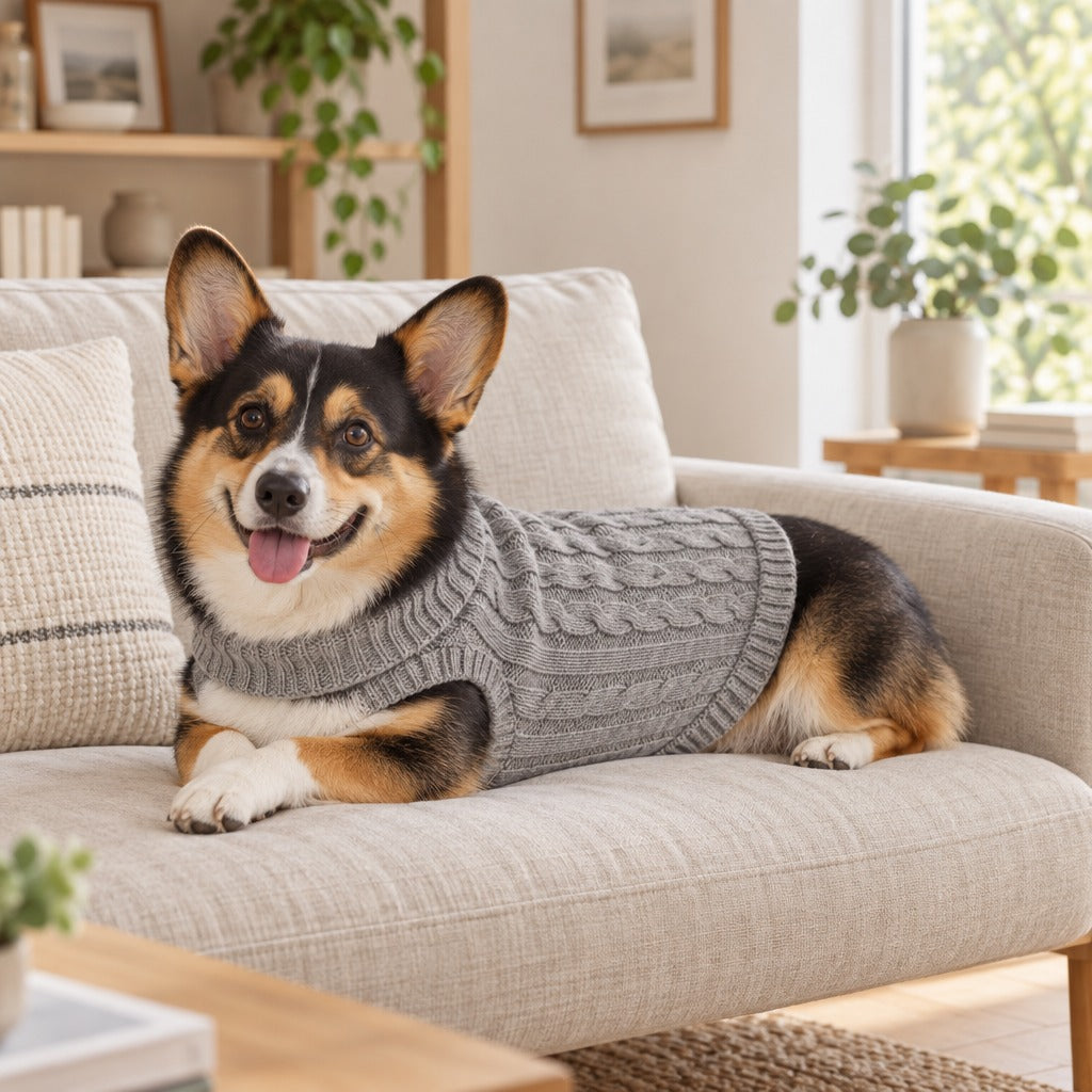 Corgi noir et feu couché sur un canapé en lin clair, le dos couvert par le pull coloris Gris flanelle.