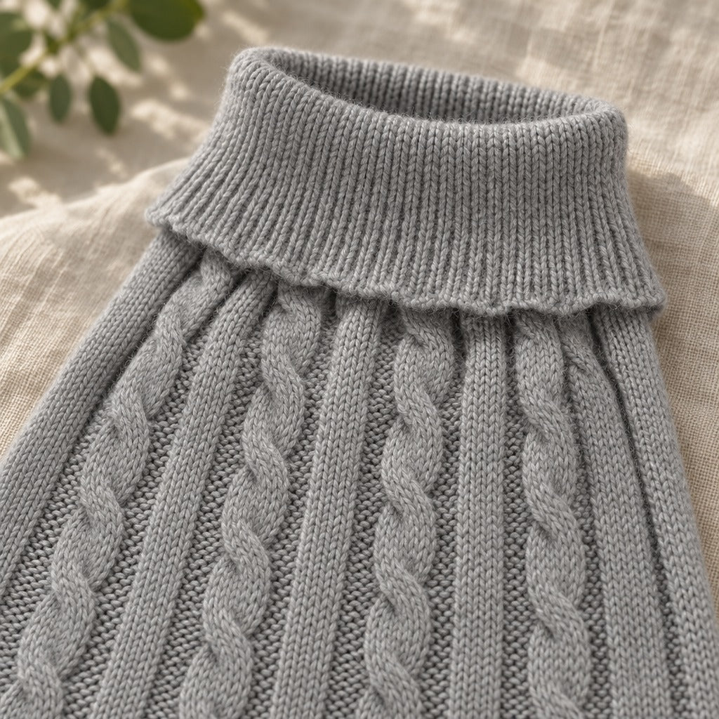 Gros plan sur le col roulé côtelé et les torsades du pull coloris Gris flanelle posé sur du lin naturel.