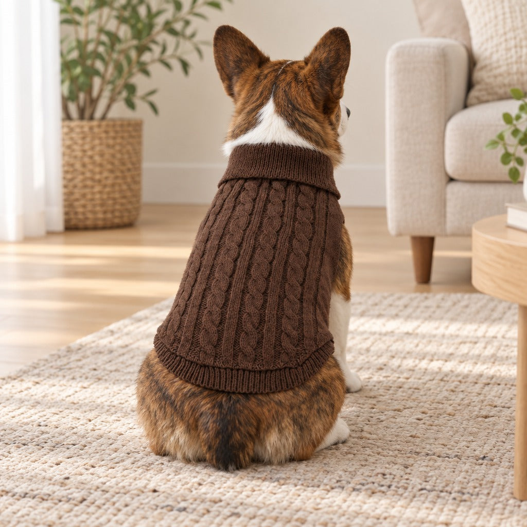 Corgi bringé assis de dos sur un tapis clair, le panneau de torsades du pull coloris Brun moka le long du dos.