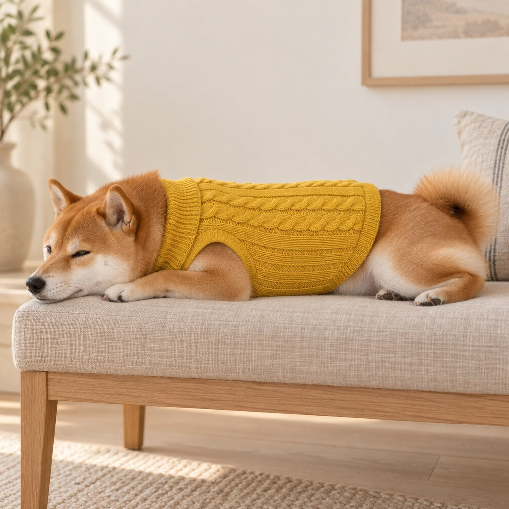 Shiba roux assoupi sur une banquette en lin, vêtu du pull coloris Jaune moutarde.