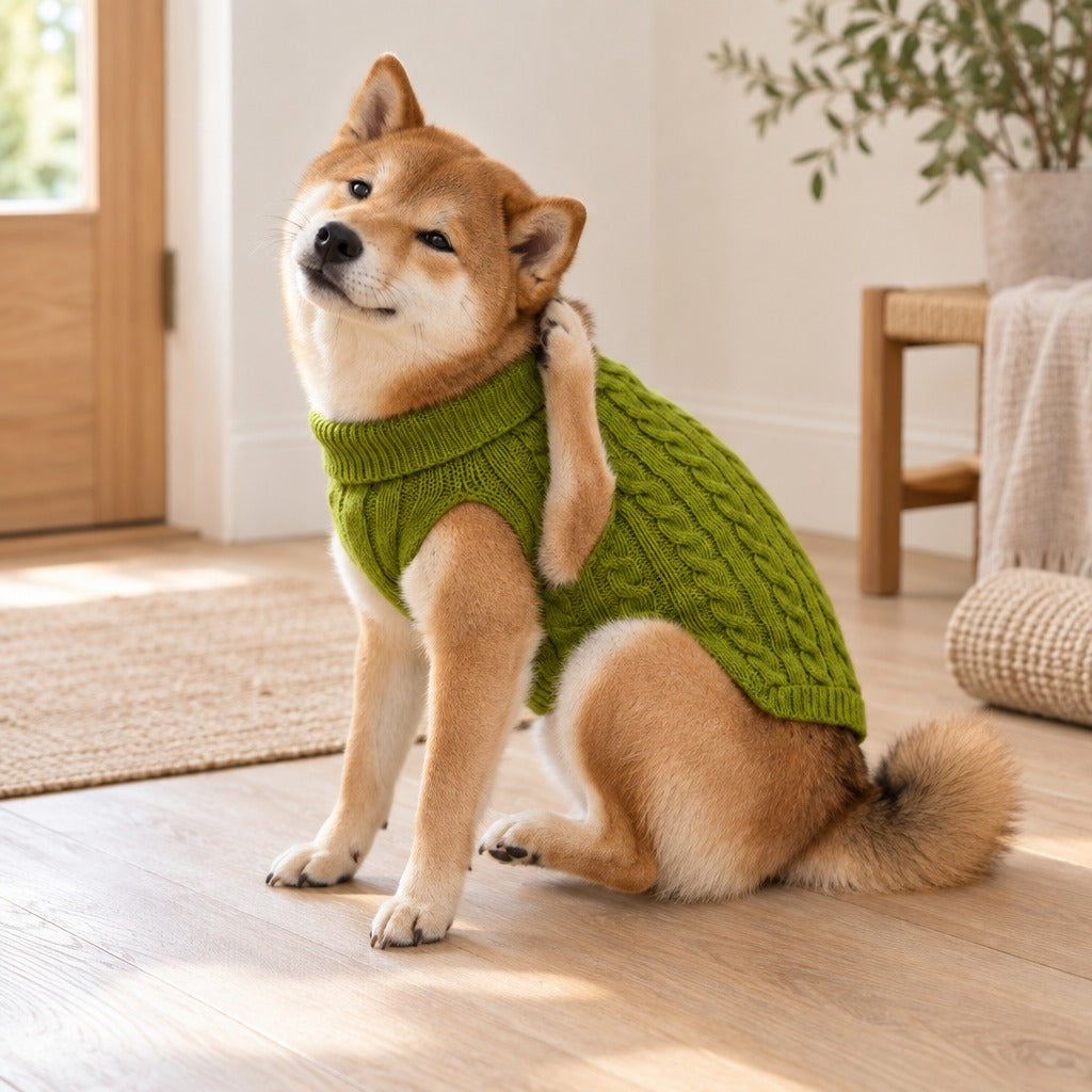 Shiba sable assis dans une entrée claire qui se gratte l'oreille, vêtu du pull coloris Vert olive.