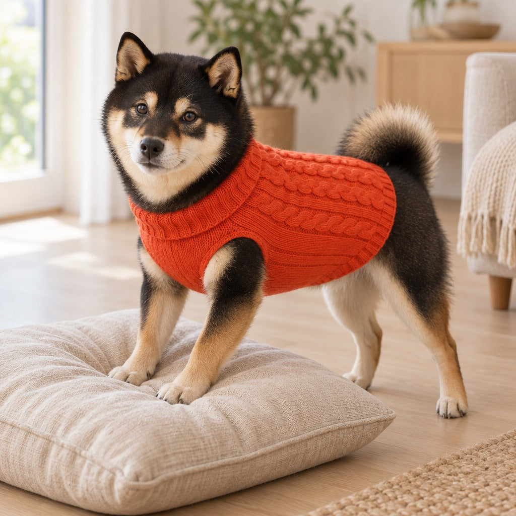 Shiba noir et feu debout, les deux pattes avant posées sur un coussin de sol en lin, vêtu du pull coloris Rouge coquelicot.
