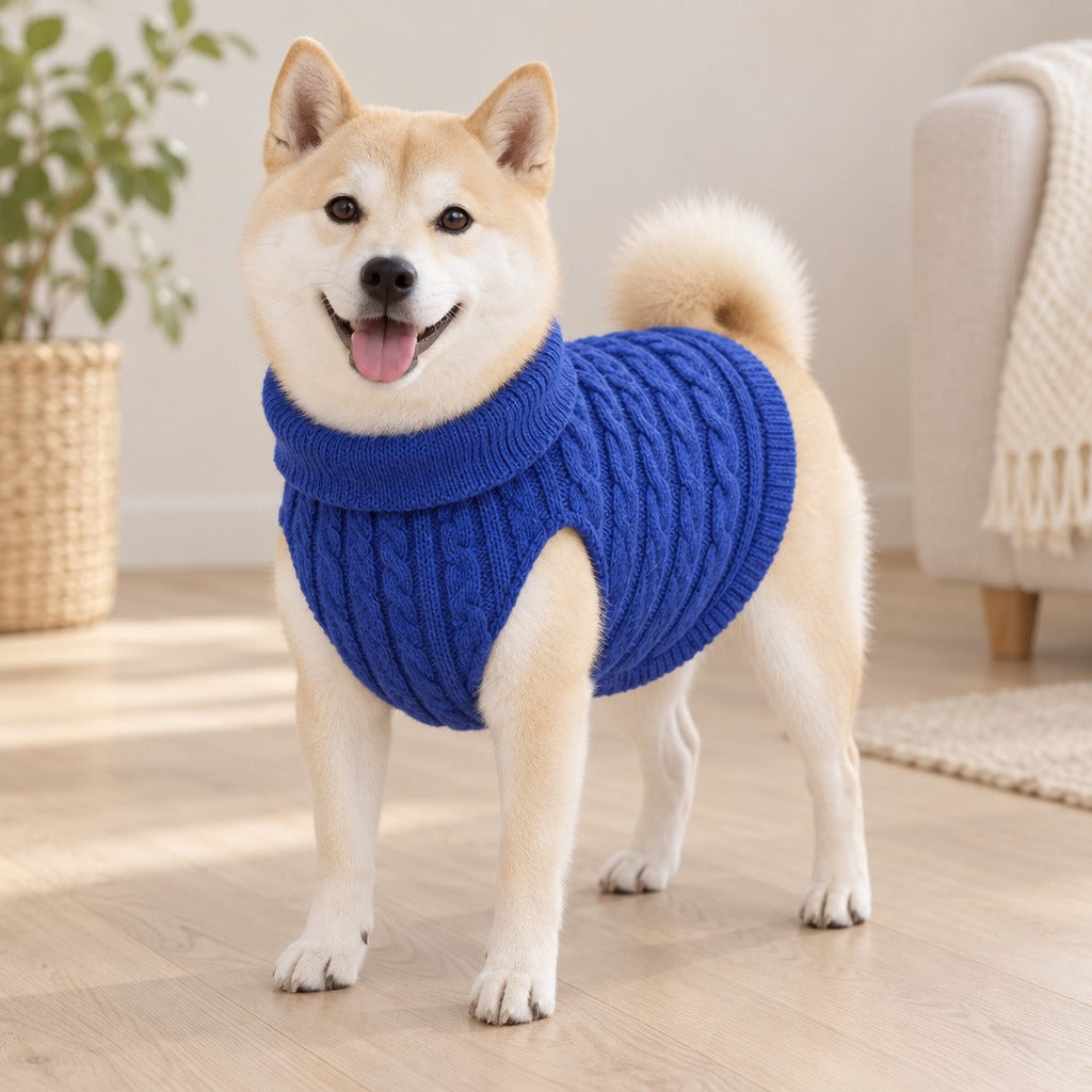 Shiba blanc crème debout dans un salon clair, vêtu du pull coloris Bleu roi.