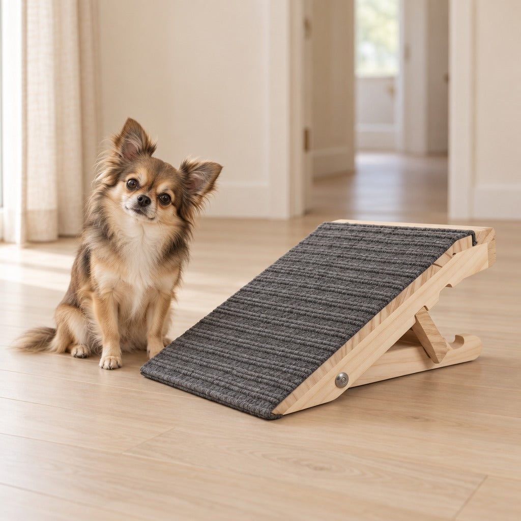 Un chihuahua à poil long sable assis sur le parquet à côté de la pointe de la rampe bois clair et gris anthracite, dans une pièce claire.