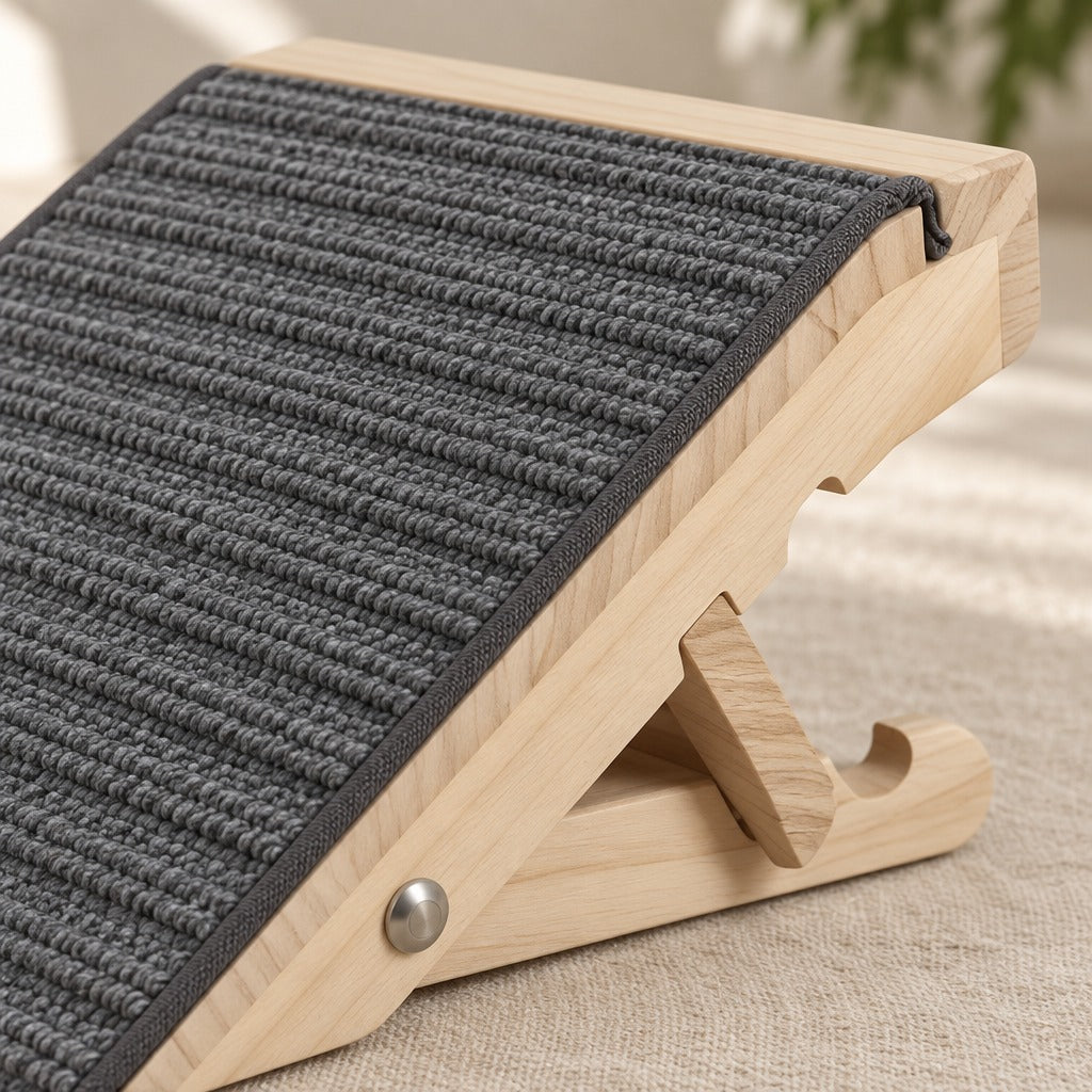 Gros plan sur la jonction entre la moquette gris anthracite côtelée et le flanc en bois clair de la rampe, avec le galon sombre et le bouton de pivot argenté.