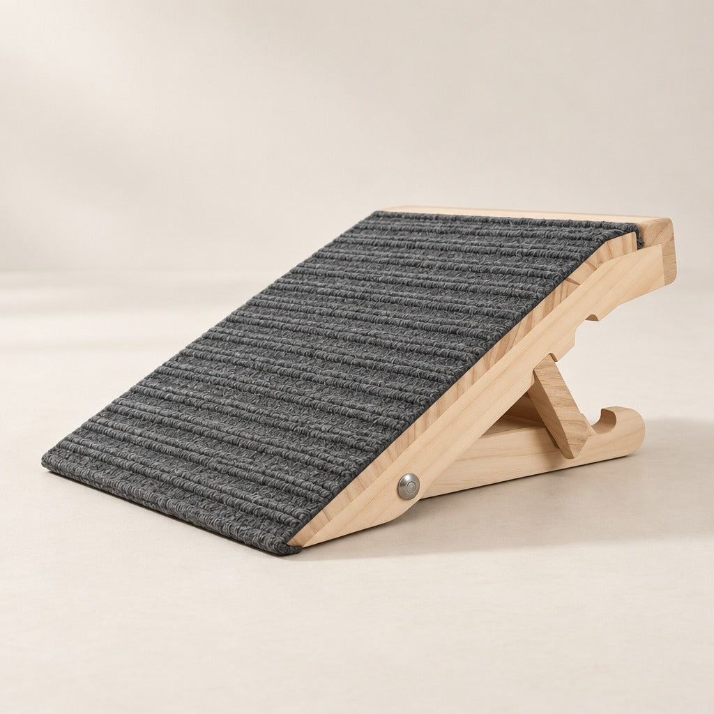 La rampe bois clair et gris anthracite seule sur fond clair : plateau incliné couvert de moquette, flancs en bois, pied de réglage et barre de pied.