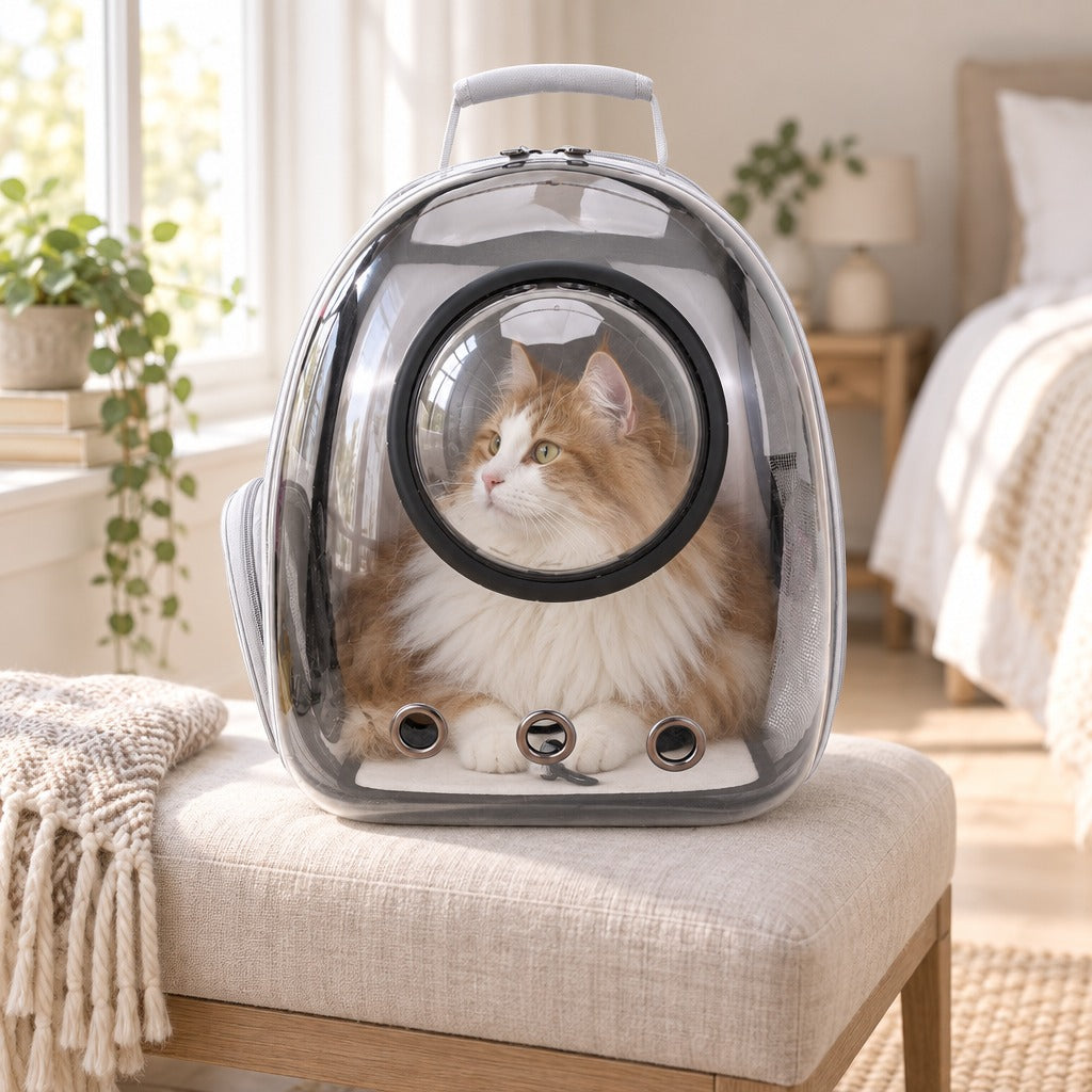 Un chat blanc et roux à poil long couché dans le sac à dos capsule Gris, hublot bombé posé sur une banquette en lin, la tête dans le hublot
