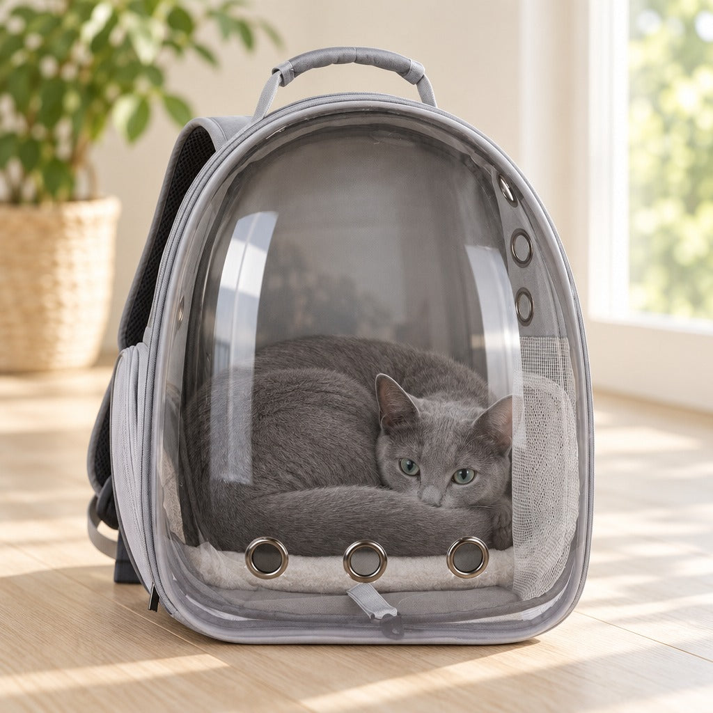 Un chat au pelage gris bleu couché en boule dans le sac à dos capsule Gris, façade lisse, derrière une coque transparente d'un seul tenant, près d'une fenêtre
