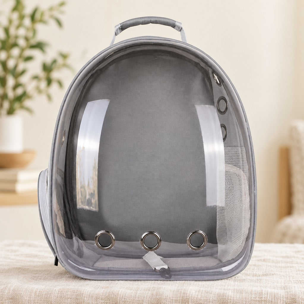 Le sac à dos capsule Gris, façade lisse vu de face, sa coque transparente sans hublot ni ouverture ronde