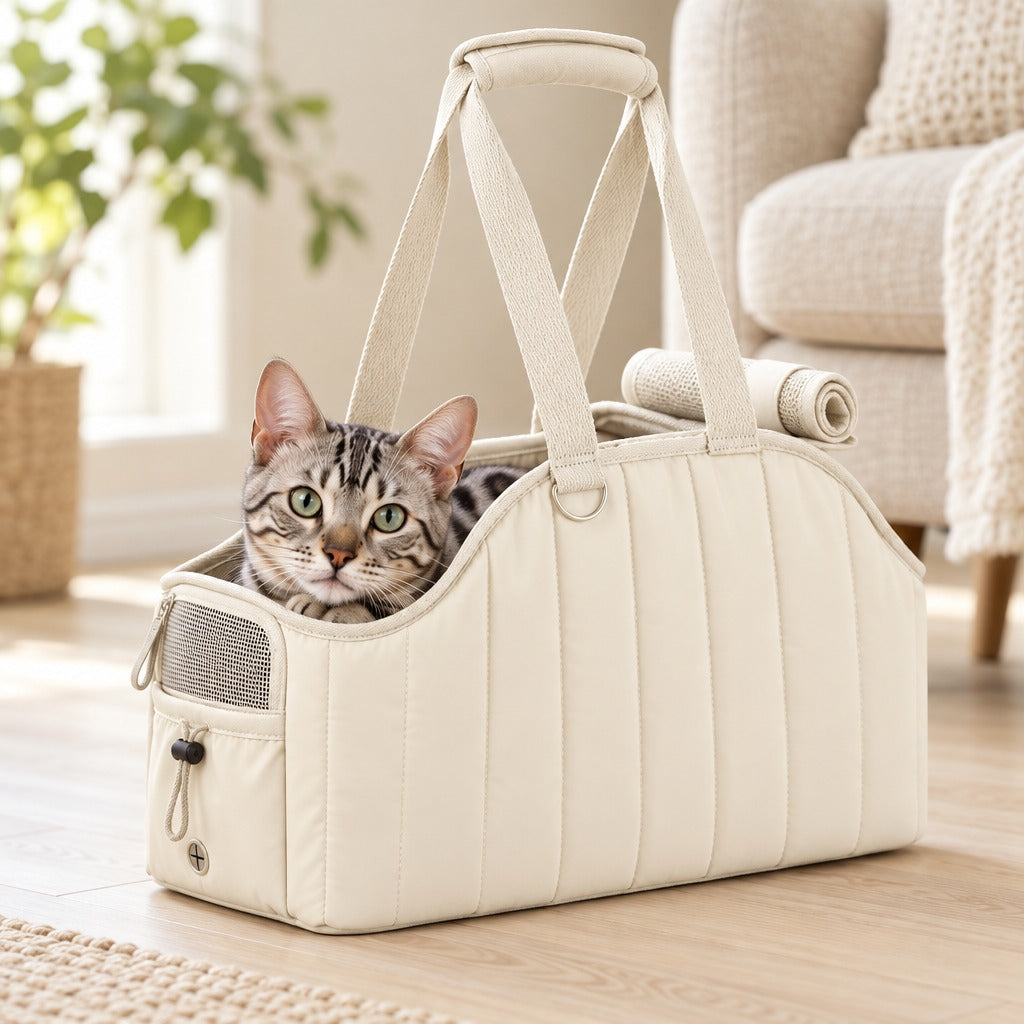 Chat Bengal argenté installé dans le sac de transport ivoire, la tête sortie par l'échancrure du grand côté, dans un salon clair.