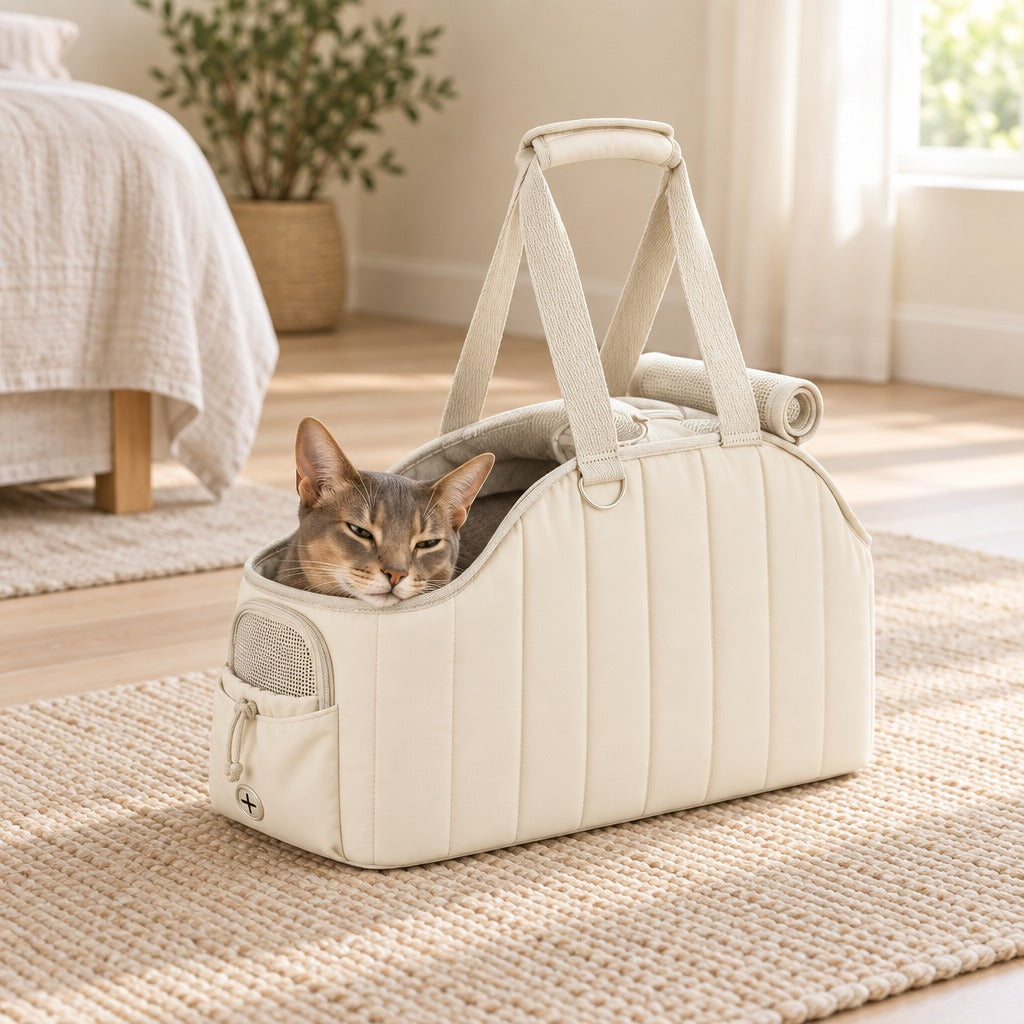 Chat abyssin bleu assoupi dans le sac de transport ivoire posé sur un tapis, dans une chambre lumineuse.