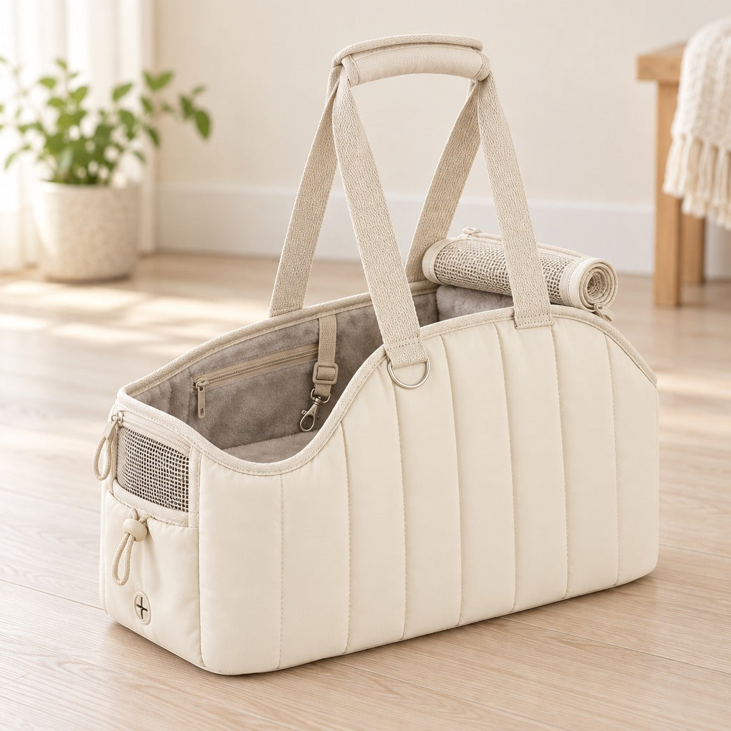 Sac de transport ivoire seul, posé au sol, capote en filet roulée sur l'extrémité haute et tapis de fond gris visible.